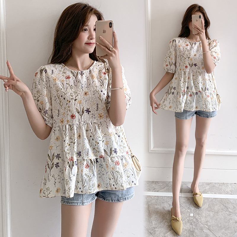 Dulce broderie florală Maternitate Vară Top Moda Imprimare Sarcină Cămăși din dantelă Cu scobire Bluze din bumbac pentru femeie însărcinată