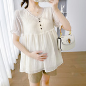 Édes csipke patchwork V-nyakú terhes nő sifon ingek Button Fly magas derekú kismama blúzok Laza divatos terhességi felsők