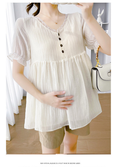 Édes csipke patchwork V-nyakú terhes nő sifon ingek Button Fly magas derekú kismama blúzok Laza divatos terhességi felsők
