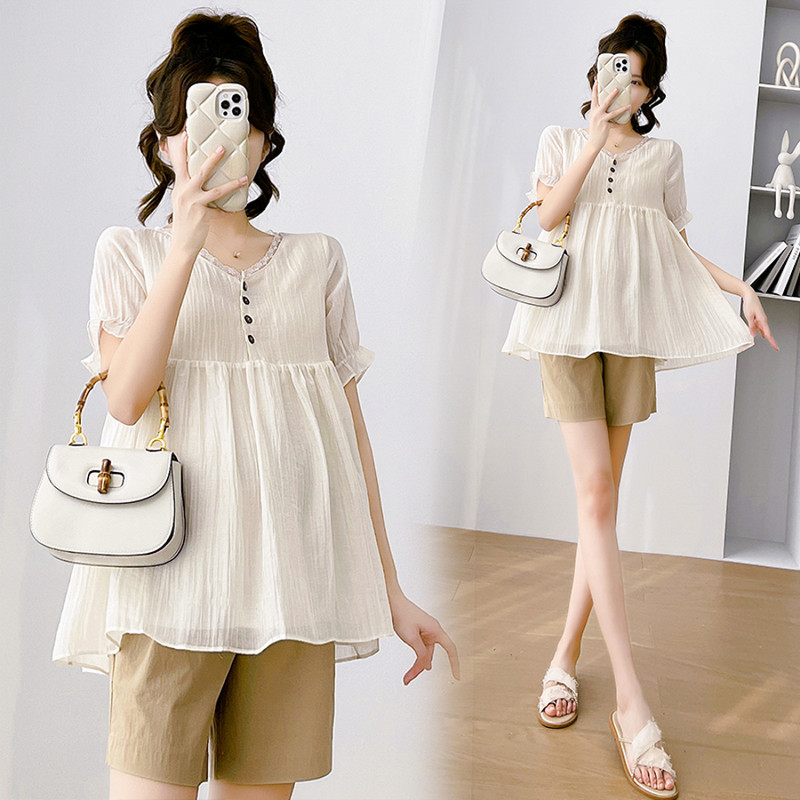 Édes csipke patchwork V-nyakú terhes nő sifon ingek Button Fly magas derekú kismama blúzok Laza divatos terhességi felsők