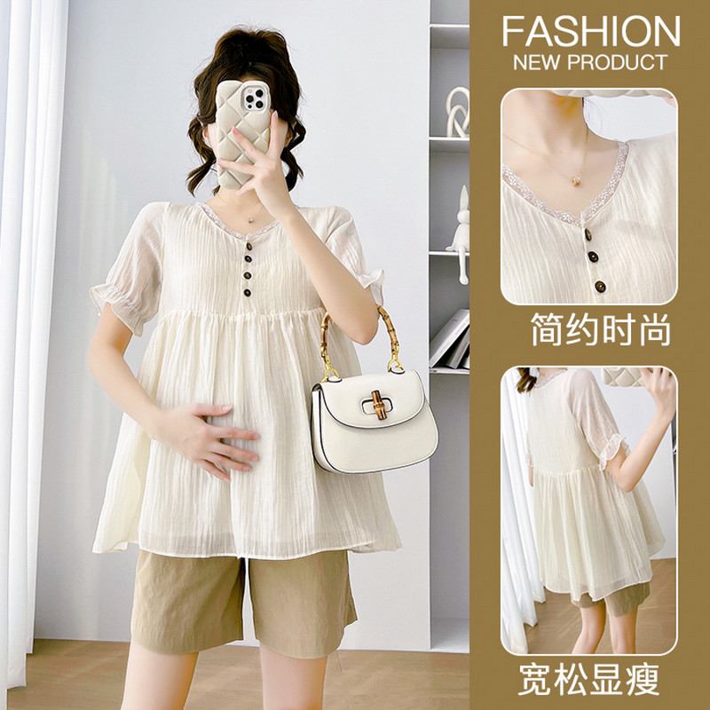 Édes csipke patchwork V-nyakú terhes nő sifon ingek Button Fly magas derekú kismama blúzok Laza divatos terhességi felsők