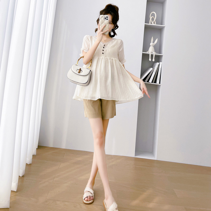 Édes csipke patchwork V-nyakú terhes nő sifon ingek Button Fly magas derekú kismama blúzok Laza divatos terhességi felsők