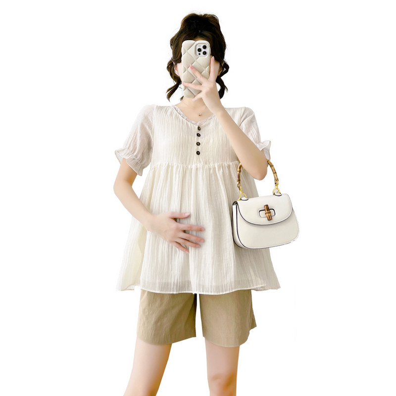 Édes csipke patchwork V-nyakú terhes nő sifon ingek Button Fly magas derekú kismama blúzok Laza divatos terhességi felsők