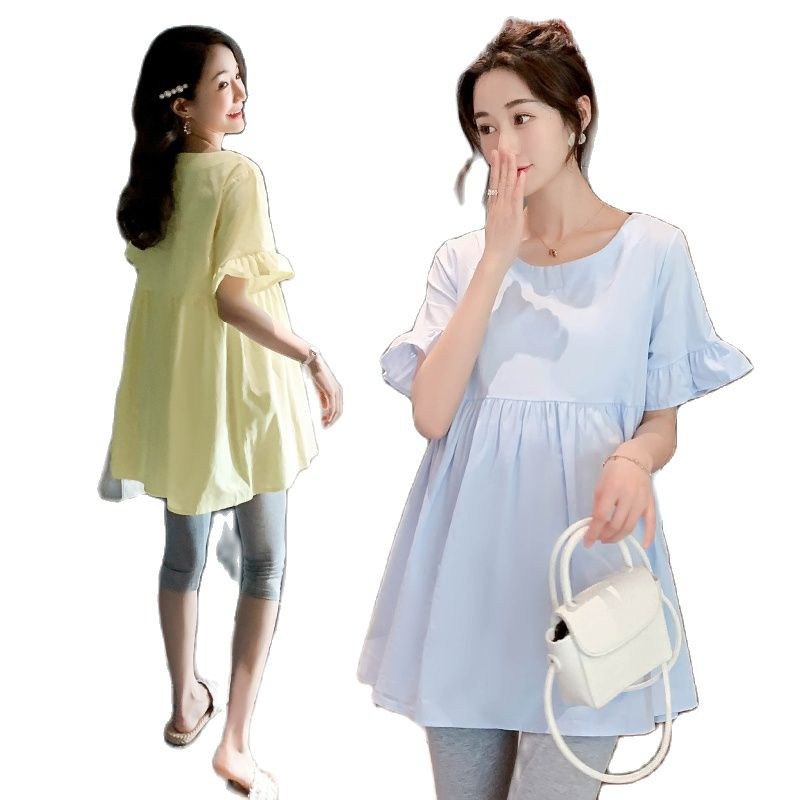 2024. aasta suvised rasedatele mõeldud rõivad ühevärvilised, lühikeste varrukatega, lahtised puuvillased ja linased särgid kõrge vöökohaga rasedatele pluusid