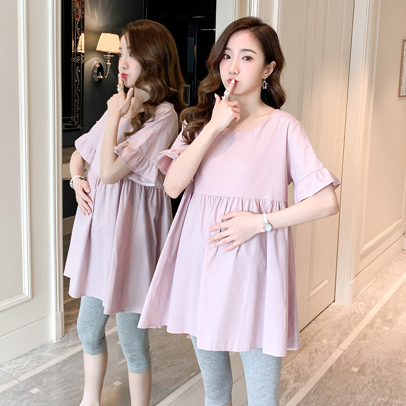2024. aasta suvised rasedatele mõeldud rõivad ühevärvilised, lühikeste varrukatega, lahtised puuvillased ja linased särgid kõrge vöökohaga rasedatele pluusid