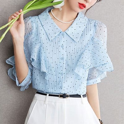 Uredska dama Točkasta košulja sa slatkim volanima Spojena ženska odjeća Jednoredno kopčanje Ljetna bluza kratkih rukava 2024. na preklop