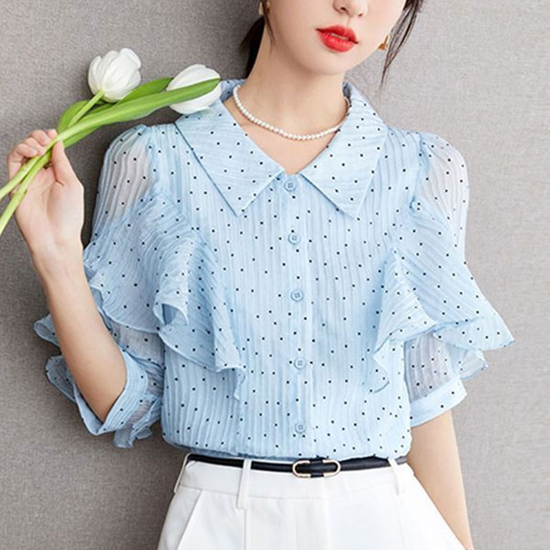 Uredska dama Točkasta košulja sa slatkim volanima Spojena ženska odjeća Jednoredno kopčanje Ljetna bluza kratkih rukava 2024. na preklop