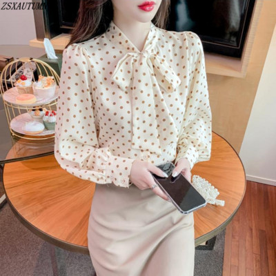 Egyszerű sifon ing női vintage tavaszi nyár sifon felső divat elegáns táskás alkalmi nyomtatott blúz koreai női ruhák