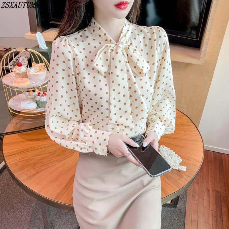 Egyszerű sifon ing női vintage tavaszi nyár sifon felső divat elegáns táskás alkalmi nyomtatott blúz koreai női ruhák