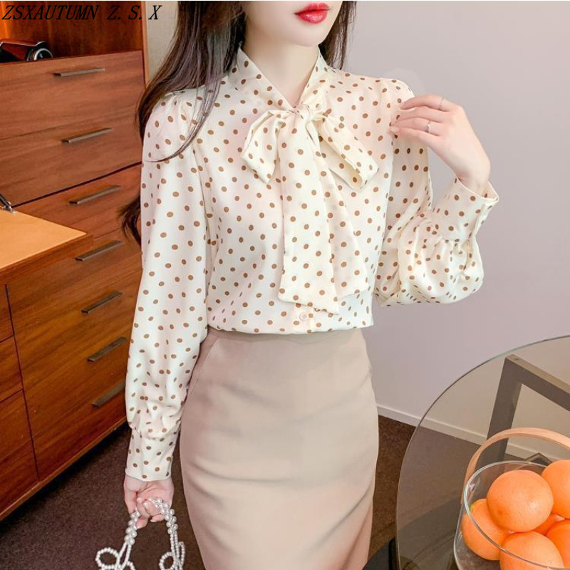 Egyszerű sifon ing női vintage tavaszi nyár sifon felső divat elegáns táskás alkalmi nyomtatott blúz koreai női ruhák