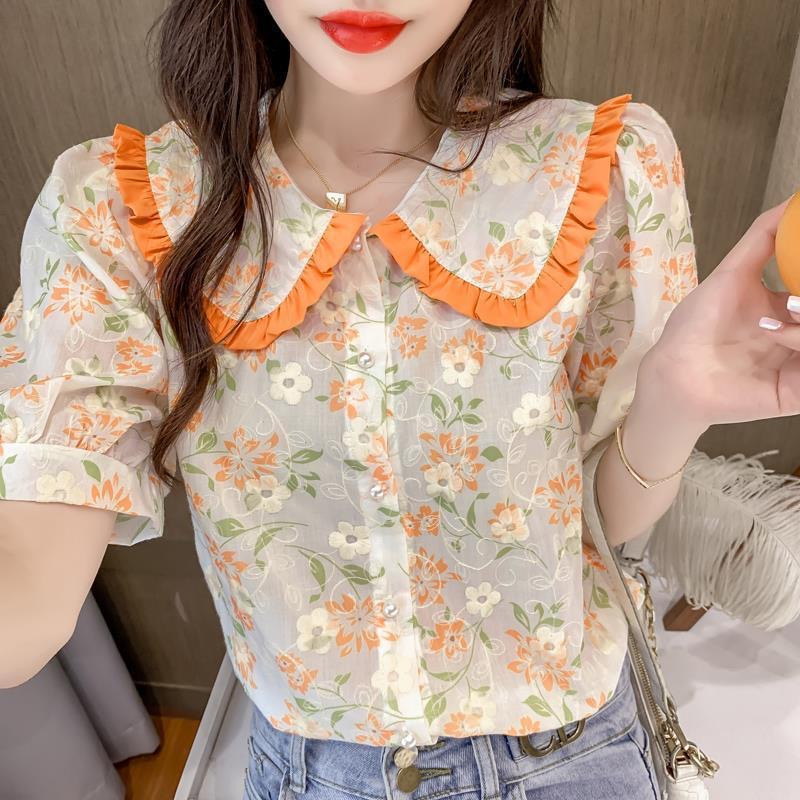 Sieviešu Pavasaris Vasaras Stils Šifona Blūzes Krekli Sieviešu ikdienas Īsas Puff Piedurknes Peter Pan Collar Blusas Topi ZZ2009