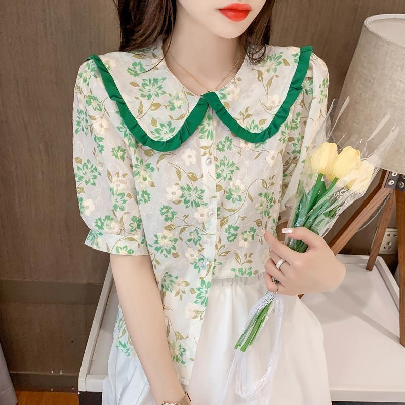 Sieviešu Pavasaris Vasaras Stils Šifona Blūzes Krekli Sieviešu ikdienas Īsas Puff Piedurknes Peter Pan Collar Blusas Topi ZZ2009