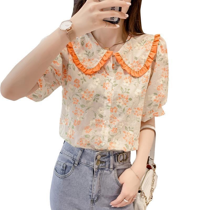 Sieviešu Pavasaris Vasaras Stils Šifona Blūzes Krekli Sieviešu ikdienas Īsas Puff Piedurknes Peter Pan Collar Blusas Topi ZZ2009