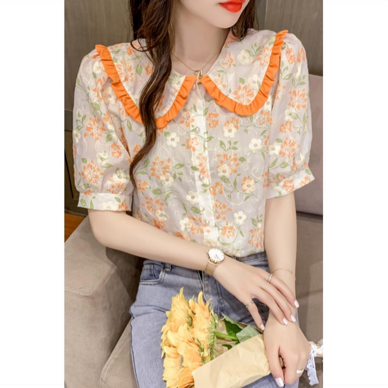 Sieviešu Pavasaris Vasaras Stils Šifona Blūzes Krekli Sieviešu ikdienas Īsas Puff Piedurknes Peter Pan Collar Blusas Topi ZZ2009