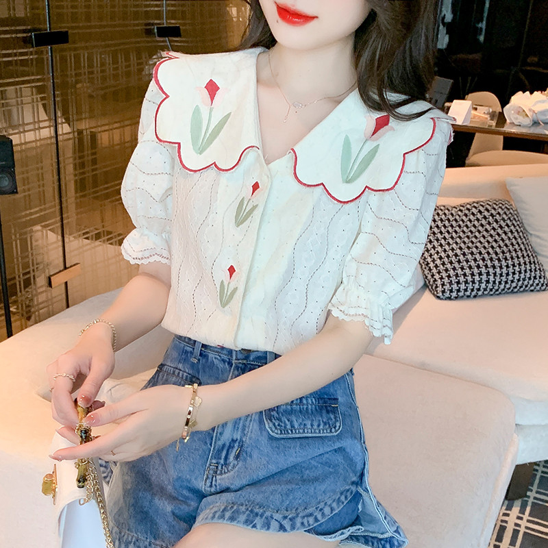 Tulbitikandiga naiste pluus 2023 suvine nukukraega pitssärk vabaaja ülariietus