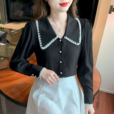 Balts sieviešu krekls ar garām piedurknēm Šifona krekls 2022. gada pavasarī, jauns OL korejiešu stila sieviešu blūzes augšdaļa