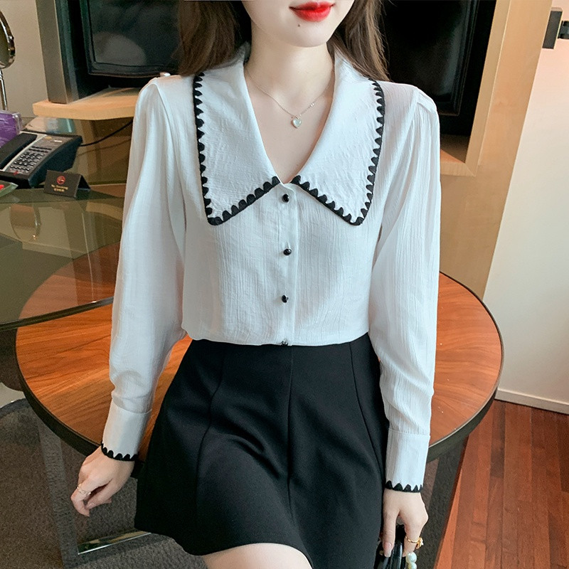 Balts sieviešu krekls ar garām piedurknēm Šifona krekls 2022. gada pavasarī, jauns OL korejiešu stila sieviešu blūzes augšdaļa