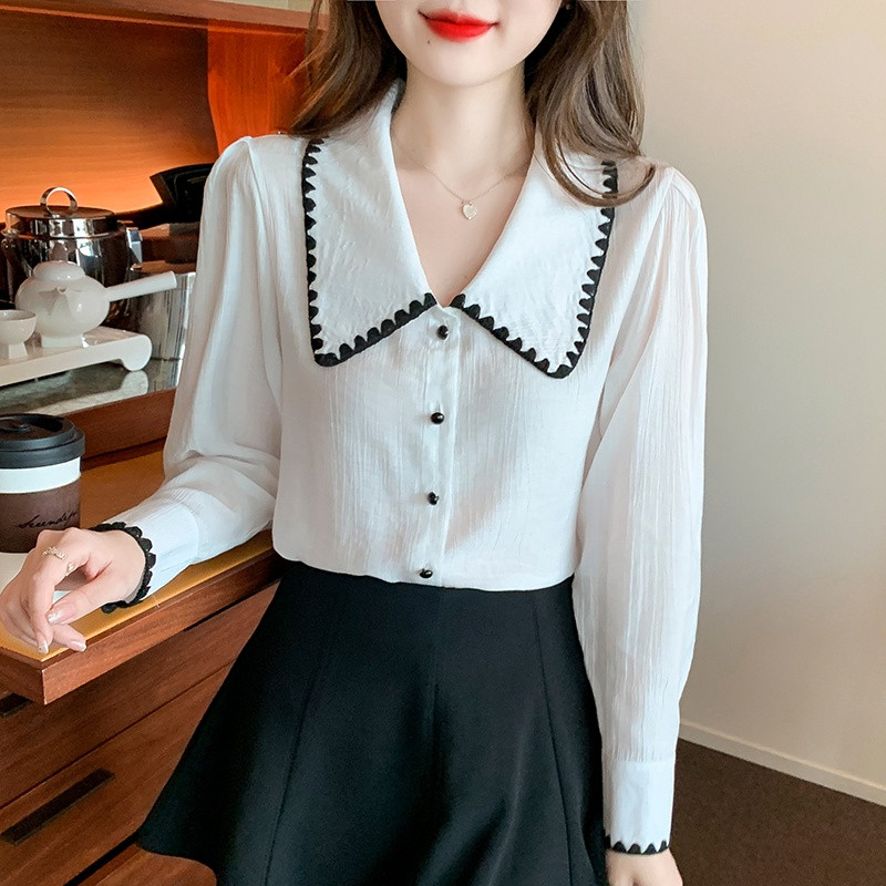 Balts sieviešu krekls ar garām piedurknēm Šifona krekls 2022. gada pavasarī, jauns OL korejiešu stila sieviešu blūzes augšdaļa
