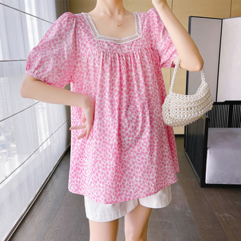 Καλοκαιρινά ρούχα εγκυμοσύνης 2024 Sweet Hollow Out Δαντέλα συνονθύλευμα τετράγωνο γιακά Floral πουκάμισα Puff μανίκι Μπλούζα έγκυος χαριτωμένη