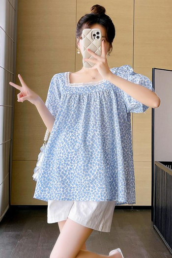 Καλοκαιρινά ρούχα εγκυμοσύνης 2024 Sweet Hollow Out Δαντέλα συνονθύλευμα τετράγωνο γιακά Floral πουκάμισα Puff μανίκι Μπλούζα έγκυος χαριτωμένη