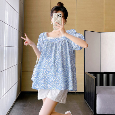 Haine de maternitate de vară 2024, dulci, scobit din dantelă, mozaic, guler pătrat, cămăși florale, cu mâneci bufante, bluză pentru femei însărcinată drăguț