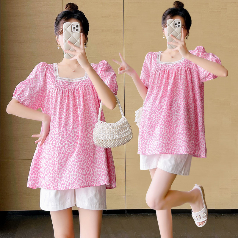 Haine de maternitate de vară 2024, dulci, scobit din dantelă, mozaic, guler pătrat, cămăși florale, cu mâneci bufante, bluză pentru femei însărcinată drăguț