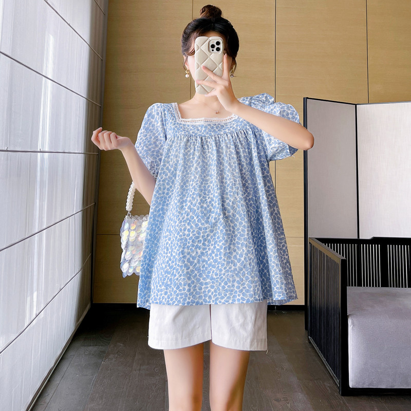 Haine de maternitate de vară 2024, dulci, scobit din dantelă, mozaic, guler pătrat, cămăși florale, cu mâneci bufante, bluză pentru femei însărcinată drăguț