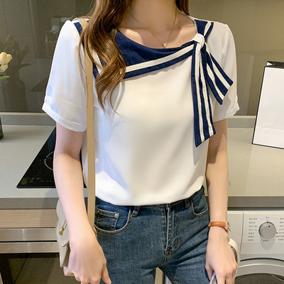 2021. gada jauna tumši zila, balta jūrnieka apkakle, moderna korejiešu vasaras šifona ikdienas blūze sievietēm Campus Office Sieviešu topi