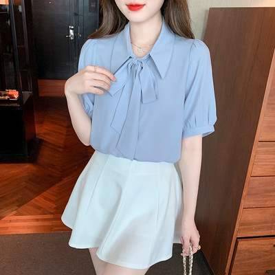 2021. gada jauna tumši zila, balta jūrnieka apkakle, moderna korejiešu vasaras šifona ikdienas blūze sievietēm Campus Office Sieviešu topi