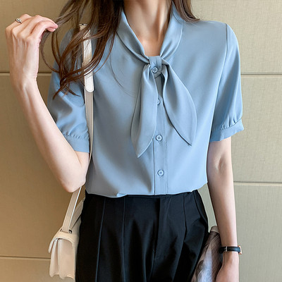 2021. gada jauna tumši zila, balta jūrnieka apkakle, moderna korejiešu vasaras šifona ikdienas blūze sievietēm Campus Office Sieviešu topi