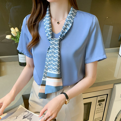 2021. gada jauna tumši zila, balta jūrnieka apkakle, moderna korejiešu vasaras šifona ikdienas blūze sievietēm Campus Office Sieviešu topi