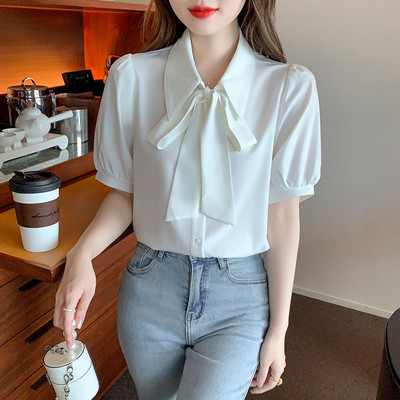 2021. gada jauna tumši zila, balta jūrnieka apkakle, moderna korejiešu vasaras šifona ikdienas blūze sievietēm Campus Office Sieviešu topi