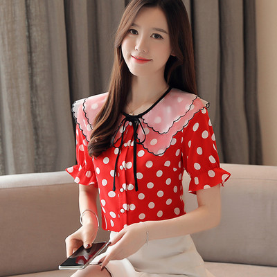 2021. gada jauna tumši zila, balta jūrnieka apkakle, moderna korejiešu vasaras šifona ikdienas blūze sievietēm Campus Office Sieviešu topi