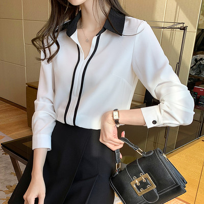 2021. gada jauna tumši zila, balta jūrnieka apkakle, moderna korejiešu vasaras šifona ikdienas blūze sievietēm Campus Office Sieviešu topi