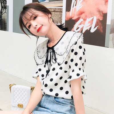 2021. gada jauna tumši zila, balta jūrnieka apkakle, moderna korejiešu vasaras šifona ikdienas blūze sievietēm Campus Office Sieviešu topi