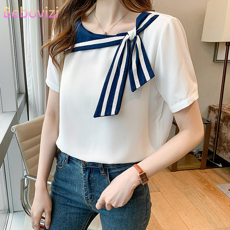 2021. gada jauna tumši zila, balta jūrnieka apkakle, moderna korejiešu vasaras šifona ikdienas blūze sievietēm Campus Office Sieviešu topi