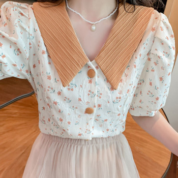 Дамска риза и блуза, флорални дрехи, горнища с щампи за жени, яка, сладки и елегантни с пухкави ръкави Разпродажба на Korea Stylish MS