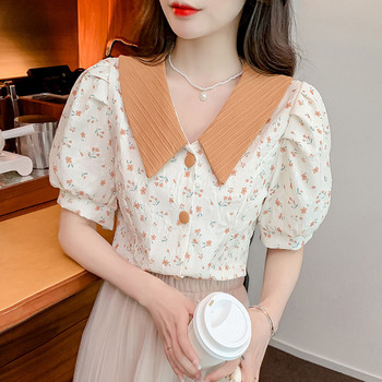 Дамска риза и блуза, флорални дрехи, горнища с щампи за жени, яка, сладки и елегантни с пухкави ръкави Разпродажба на Korea Stylish MS