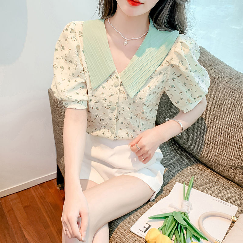 Naiste särk ja pluus Lillelised riided Trükitud topid naistele kaelarihm Armsad ja elegantsed punnis varrukatega Korea müük Stiilne MS