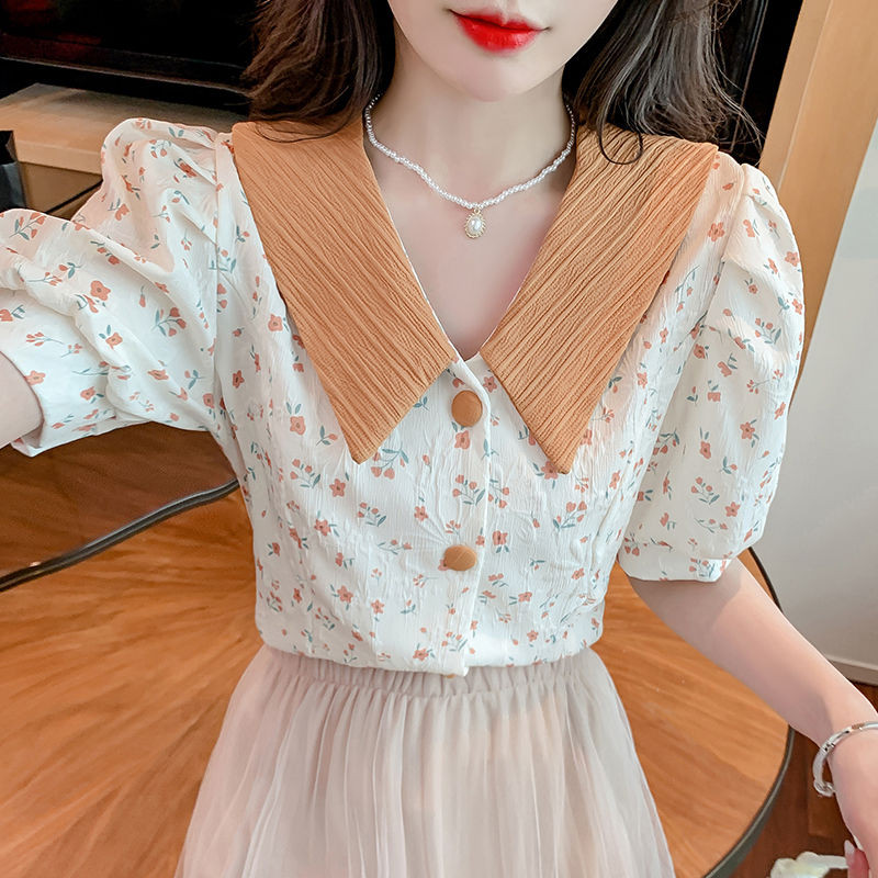 Naiste särk ja pluus Lillelised riided Trükitud topid naistele kaelarihm Armsad ja elegantsed punnis varrukatega Korea müük Stiilne MS