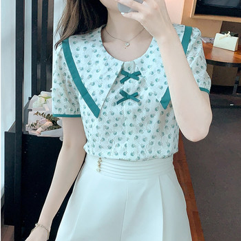 Винтидж шифонени блузи с цветя Лято 2023 Модни секси ежедневни Blusas Feminina Корейски стил Слим корсет с буф ръкави Mujer