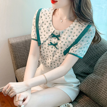 Винтидж шифонени блузи с цветя Лято 2023 Модни секси ежедневни Blusas Feminina Корейски стил Слим корсет с буф ръкави Mujer