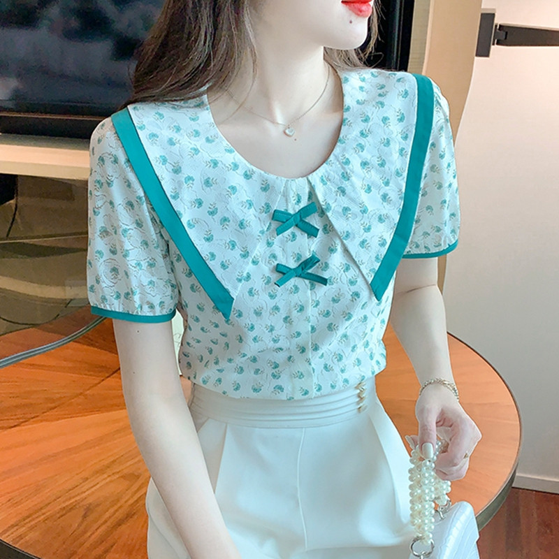 Vintage ziedu šifona blūzes, 2023. gada vasara, modes, seksīgas, ikdienišķas blūzes, sievišķīgas korejiešu stila korsetes, korsetes ar pūšām piedurknēm.