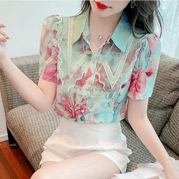Дамски шифонени летни ризи 2023 г. Елегантни модни блузи с флорални щампи Корейски ретро тънък буф ръкав Ежедневни дамски топове Mujer