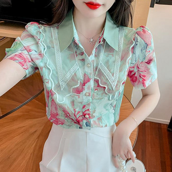 Дамски шифонени летни ризи 2023 г. Елегантни модни блузи с флорални щампи Корейски ретро тънък буф ръкав Ежедневни дамски топове Mujer