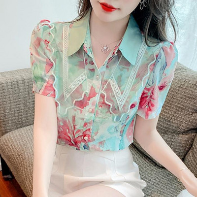 Sieviešu šifona vasaras krekli 2023. gada eleganti modes, ar ziediem apdrukātas blūzes korejiešu retro stila plānām piedurknēm, ikdienas sieviešu topi Mujer