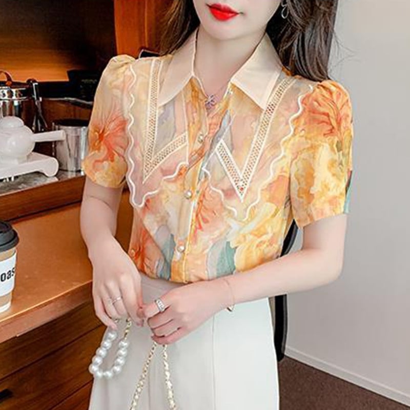 Sieviešu šifona vasaras krekli 2023. gada eleganti modes, ar ziediem apdrukātas blūzes korejiešu retro stila plānām piedurknēm, ikdienas sieviešu topi Mujer