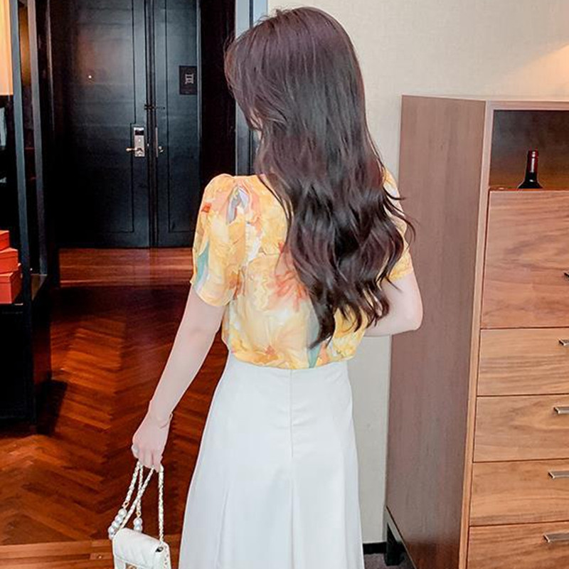 Sieviešu šifona vasaras krekli 2023. gada eleganti modes, ar ziediem apdrukātas blūzes korejiešu retro stila plānām piedurknēm, ikdienas sieviešu topi Mujer