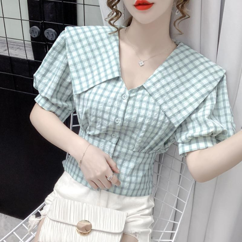 Sieviešu blūzes ar atlokiem Vasaras jauni šorti ar apdruku, apdrukāti, brīvi, brīvi ikdienas krekli ar pūtīgām piedurknēm.