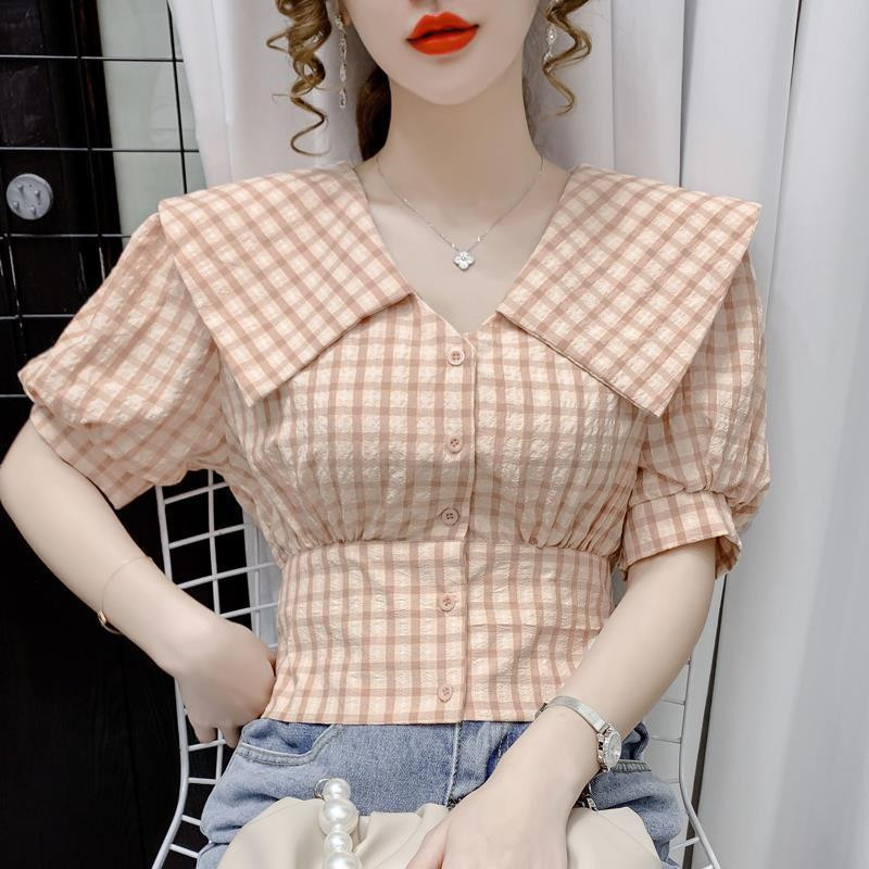 Sieviešu blūzes ar atlokiem Vasaras jauni šorti ar apdruku, apdrukāti, brīvi, brīvi ikdienas krekli ar pūtīgām piedurknēm.